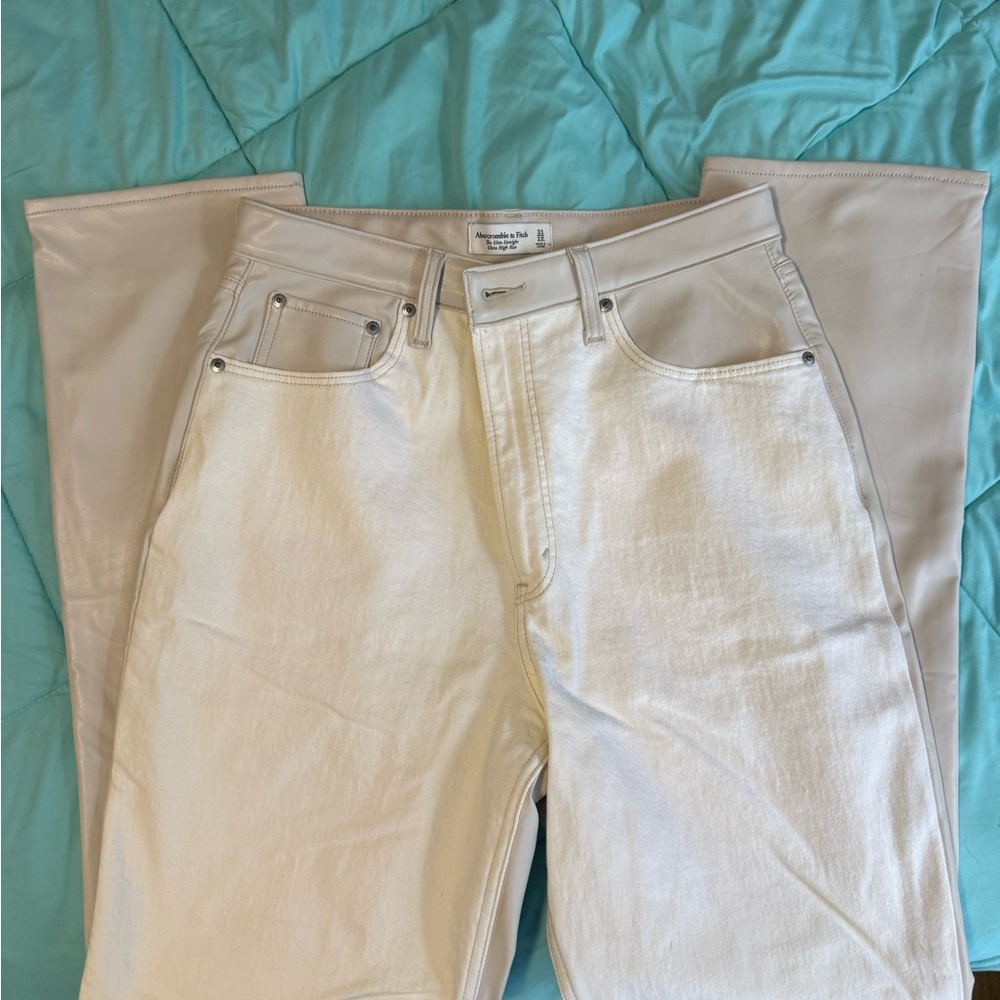Abercrombie & Fitch Cream/Tan Straight Jeans - Half Denim Half Vegan Leather